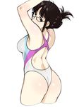  akizuki_ritsuko antenna_hair armpits arms_up ass back back_cutout bangs bare_arms bare_shoulders black-framed_eyewear blunt_bangs blush breasts brown_eyes brown_hair closed_mouth competition_swimsuit cowboy_shot cropped_legs eyebrows_visible_through_hair folded_ponytail glasses highres humiyou idolmaster idolmaster_(classic) medium_breasts multicolored multicolored_clothes multicolored_swimsuit one-piece_swimsuit shiny shiny_hair short_hair sidelocks simple_background smile solo standing swimsuit white_background 