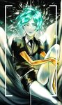  androgynous black_neckwear black_shirt black_shorts collared_shirt commentary crystal_hair gem_uniform_(houseki_no_kuni) golden_arms green_eyes green_hair highres houseki_no_kuni looking_at_viewer necktie phosphophyllite shirt short_hair short_sleeves shorts shunnyun solo sparkle spoilers uniform wing_collar 