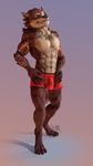  2018 3d_(artwork) bulge canine clothing digital_media_(artwork) digitigrade ear_piercing facial_piercing fur grin kreic lip_piercing male mammal muscular nose_piercing piercing razor red_fur smile solo underwear wolf yellow_eyes 