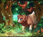  2015 avian bird black_bars blue_eyes blue_nose canine detailed_background digital_media_(artwork) dog feral grass group mammal paws pennawings tree 
