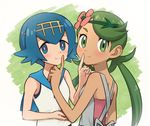  :t bangs bare_arms bare_shoulders black_swimsuit blue_eyes blue_hair blue_sailor_collar blush bright_pupils closed_mouth commentary_request dark_skin finger_to_another's_mouth flower freckles green_background green_eyes green_hair hair_between_eyes hair_flower hair_ornament hairband hand_up holding long_hair looking_at_viewer looking_to_the_side low_twintails mao_(pokemon) meis_(terameisu) multiple_girls one-piece_swimsuit pink_flower pink_shirt pokemon pokemon_(game) pokemon_sm sailor_collar school_swimsuit shiny shiny_hair shirt short_hair sleeveless sleeveless_shirt smile suiren_(pokemon) swept_bangs swimsuit swimsuit_under_clothes tareme twintails undershirt upper_body white_background white_shirt yellow_hairband 