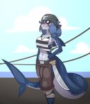  anthro bandanna bulge clothed clothing cutlass dickgirl fish intersex limebreaker marine melee_weapon navel pirate_outfit shark smile solo standing sword weapon wide_hips 