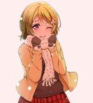  ;d ankoiri brown_coat brown_gloves brown_hair clenched_hands coat flower gloves hair_flower hair_ornament hands_up koizumi_hanayo long_sleeves looking_at_viewer love_live! love_live!_school_idol_project one_eye_closed open_mouth pleated_skirt purple_eyes scarf short_hair simple_background skirt smile snowing solo white_scarf winter_clothes 