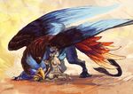  2015 ambiguous_gender anthro avian blue_feathers breasts digital_media_(artwork) duo feathered_wings feathers featureless_breasts feline female feral gryphon lynx mammal pennawings simple_background wings 