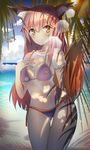  animal_ears arm_behind_back ass_visible_through_thighs bangs beach blush breasts cleavage cloud cloudy_sky day eyebrows_visible_through_hair fate/extella fate/extra fate/grand_order fate_(series) fox_ears hand_on_own_chest highres lens_flare long_hair looking_away miamuly palm_tree pink_hair purple_swimsuit see-through shirt sidelocks sky smile solo standing swimsuit tail tamamo_(fate)_(all) tamamo_no_mae_(fate) thigh_gap tree white_shirt yellow_eyes 