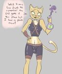  anthro breasts bulge clothed clothing dialogue dickgirl english_text feline female fur hashdrawingslasher intersex khajiit mammal midriff navel open_mouth pink_nose potion text the_elder_scrolls video_games yellow_fur 