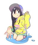  alternate_hairstyle asui_tsuyu baseball_cap bearthemighty black_eyes black_hair boku_no_hero_academia braid breasts casual commentary hair_over_shoulder hat highres hood hoodie long_hair long_sleeves medium_breasts partially_submerged puddle shorts simple_background single_braid skirt smile white_background yellow_hoodie 