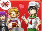  :3 anchor_symbol apron ascot black_hair blonde_hair border brown_hair buttons chamaji chef_hat chef_uniform closed_eyes crossed_out curry curry_rice dress eyebrows_visible_through_hair food gradient_hair green_eyes hair_between_eyes hand_on_hip hat heart hijiri_byakuren ladle layered_dress long_hair long_sleeves meat multicolored_hair multiple_girls murasa_minamitsu neck_ribbon open_mouth plate pot purple_hair ribbon rice sailor_collar short_hair short_sleeves simple_background speech_bubble spoken_food spoon tongue tongue_out toque_blanche toramaru_shou touhou twitter_username 