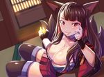  akagi_(azur_lane) animal_ears azur_lane black_legwear breasts cleavage fox_ears fox_tail hima_hijiki japanese_clothes large_breasts long_hair looking_at_viewer multiple_tails red_eyes red_skirt sitting skirt smile solo tail thighhighs 