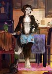  2016 5_fingers anthro barefoot black_fur blue_eyes boxers_(clothing) canine cat clothed clothing detailed_background digital_media_(artwork) digital_painting_(artwork) dog duo feline feral fur holding_object mammal pennawings topless underwear 