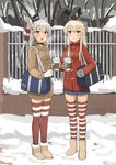  alternate_costume amatsukaze_(kantai_collection) bag bag_charm blonde_hair boots brown_coat charm_(object) coat commentary_request cup disposable_cup fang full_body fur_boots gloves hair_tubes highres holding holding_cup jpeg_artifacts kantai_collection keychain long_hair long_sleeves looking_at_viewer miniskirt mittens multiple_girls official_style open_mouth outdoors red_coat red_legwear rensouhou-chan revision shimakaze_(kantai_collection) shizuma_yoshinori_(style) silver_hair single_glove skirt smile snow soushou_nin standing steam striped striped_legwear thighhighs two_side_up ugg_boots windsock zettai_ryouiki 