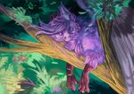  2017 ambiguous_gender day digital_media_(artwork) digital_painting_(artwork) eyes_closed feathered_wings feathers forest fur hair outside pennawings purple_fur purple_hair smile tree unknown_species wings 