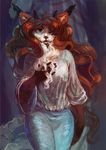  2015 5_fingers anthro blue_eyes breasts brown_hair cat digital_media_(artwork) digital_painting_(artwork) feline female hair horn mammal pennawings solo 