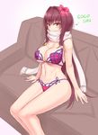  bikini breasts cleavage enpera fate/grand_order fate_(series) flower hair_flower hair_ornament long_hair looking_at_viewer navel purple_bikini purple_eyes romaji scarf scathach_(fate)_(all) scathach_(swimsuit_assassin)_(fate) shuugetsu_karasu sitting solo swimsuit 