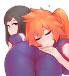  ass ass_pillow black_hair blue_eyes blush boku_no_hero_academia closed_eyes half-closed_eyes hand_on_another's_ass heart jacket kendou_itsuka kodai_yui looking_at_viewer looking_back lying multiple_girls on_stomach orange_hair pants ponytail resting shpo simple_background smile track_and_field track_jacket track_pants track_suit white_background yuri 
