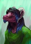  2017 anthro blue_eyes blue_hair clothed clothing curved_horn digital_media_(artwork) digital_painting_(artwork) dragon ear_piercing hair horn male pennawings piercing simple_background smile solo 