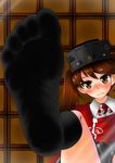  1girl black_legwear blush brown_eyes brown_hair feet glass hat kantai_collection long_hair looking_at_viewer no_shoes one_leg_raised pov pov_feet ryuujou_(kantai_collection) socks soles toes twintails 