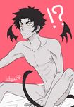  ! 1boy ? abs bed belly black_hair closed_mouth demon_tail demon_wings devilman devilman_crybaby eyebrows fudou_akira nude red_background shirtless short_hair simple_background sitting solo stomach tail wings yellow_eyes 