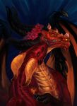  2017 blue_background digital_media_(artwork) digital_painting_(artwork) dragon duo female feral horn male membranous_wings pennawings red_skin simple_background wings 