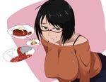  bare_shoulders black_hair breasts brown_eyes character_request copyright_request food green_eyes grill grilling grin huge_breasts leaning_forward long_sleeves looking_at_viewer red-framed_eyewear sagara1990 short_hair smile solo steak tongs 