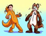  2015 3_toes 4_toes 5_fingers anthro black_hair black_nose blue_claws canine claws clothed clothing costume digital_drawing_(artwork) digital_media_(artwork) duo dustyfoxy fox fursuit gradient gradient_background hair hi_res human hybrid hypnosis kigurumin leonthefox male mammal mind_control mustelid myoti open_mouth otter pawpads paws simple_background smile spiral spiral_eyes standing toes transformation zipper 