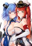  2girls azur_lane bangs bare_shoulders blue_hair blush bow breast_press breasts buttons cowboy_shot detached_collar elbow_gloves from_side gloves hair_bow honolulu_(azur_lane) large_breasts looking_at_viewer macchiato_(jae-min_cho) machinery multiple_girls no_panties open_mouth red_eyes red_hair st._louis_(azur_lane) standing torn_clothes twintails white_gloves 