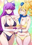  alternate_breast_size artist_name bikini blonde_hair blue_hat blush breasts cleavage closed_mouth collarbone commentary_request covered_nipples cure_etoile cure_macaron earrings eyebrows_visible_through_hair garrison_cap hair_between_eyes hat huge_breasts hugtto!_precure jewelry joy_ride kagayaki_homare kirakira_precure_a_la_mode kotozume_yukari lipstick long_hair long_sleeves looking_at_viewer magical_girl makeup mini_hat multiple_girls precure purple_eyes purple_hair scarf smile star star_earrings swimsuit yellow_eyes 