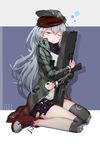  absurdres ammunition_pouch artist_name assault_rifle bangs belt black_shorts blush brown_eyes buckle character_name commentary_request eyebrows_visible_through_hair g11 g11_(girls_frontline) gh_(chen_ghh) girls_frontline green_hat green_jacket gun hair_between_eyes half-closed_eye hat head_tilt highres holding holding_gun holding_weapon jacket knee_pads long_hair long_sleeves looking_at_viewer messy_hair one_eye_closed open_clothes open_jacket open_mouth pouch purple_scarf red_footwear red_scarf rifle scarf scarf_on_head shirt shoes shorts sidelocks silver_hair simple_background sitting sneakers solo thigh_strap thighs untied_shoes very_long_hair wariza weapon white_shirt 