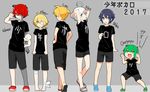  6+boys ahoge barefoot blonde_hair blue_hair fukase green_hair grey_background hair_over_one_eye headphones headset heterochromia kagamine_len male_focus mizuhoshi_taichi multiple_boys oliver_(vocaloid) point_(vocaloid) ponytail red_hair ryuuto_(vocaloid) sandals shirt t-shirt utatane_piko vocaloid vocanese white_hair zhiyu_moke 