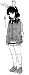  animal_ears bunny_ears cardigan commentary_request fake_animal_ears greyscale highres kezune_(i-_-i) loafers monochrome necktie shoes tamura_yuri translated watashi_ga_motenai_no_wa_dou_kangaetemo_omaera_ga_warui! 