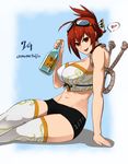  :d ahoge black_shorts bottle breasts cleavage crossed_legs dated folded_ponytail goggles goggles_on_head hair_ornament heart large_breasts looking_at_viewer midriff navel open_mouth red_hair rope sagara1990 sake_bottle sengoku_taisen shimenawa short_shorts shorts sitting smile solo spoken_heart sugino_ookata thighhighs translation_request twitter_username white_legwear 