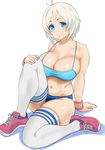  antenna_hair arm_support belly blue_buruma blue_eyes blush breasts buruma bustier deep_skin dennou_shoujo_youtuber_shiro dokiyuri full_body hand_on_own_knee highres large_breasts looking_at_viewer navel plump shiro_(dennou_shoujo_youtuber_shiro) shoes short_hair sitting skindentation smile sneakers solo sportswear sweat sweatband thighhighs thighs virtual_youtuber white_background white_hair 