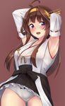  armpits black_skirt blush boots breasts brown_hair detached_sleeves double_bun from_below hairband headgear highres hinacalibur japanese_clothes kantai_collection kongou_(kantai_collection) lips long_hair nontraditional_miko open_mouth orange_hairband panties purple_background purple_eyes remodel_(kantai_collection) ribbon-trimmed_sleeves ribbon_trim skirt smile solo underwear white_panties 