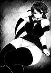  asymmetrical_wings bare_shoulders black_hair black_legwear blouse blush bow bowtie breasts commentary curvy greyscale haseru_(ginku_mh) hips houjuu_nue large_breasts looking_at_viewer monochrome no_pants panties pointy_ears seductive_smile shirt_tug shoulder_cutout smile solo thick_thighs thighs touhou tsurime underwear white_panties wide_hips wings 