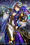  aqua_eyes armor breasts brown_gloves brown_hair cleavage dual_wielding earrings eyepatch gloves hair_ornament highres holding holding_sword holding_weapon jewelry looking_at_viewer mito_amatsu night night_sky official_art over_shoulder parted_lips sengoku_hanafuda_kassen sheath sheathed sky standing sword weapon 