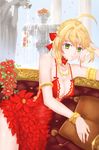  absurdres armlet blonde_hair bracelet braid breasts choker cleavage collarbone couch covered_navel covered_nipples crown_braid day dress evan_(912319) eyebrows_visible_through_hair fate/extra fate_(series) flower fountain green_eyes hair_between_eyes hair_bun hair_intakes hair_ribbon highres jewelry looking_at_viewer lying medium_breasts necklace nero_claudius_(fate) nero_claudius_(fate)_(all) on_side petals pillow pink_lips red_choker red_dress red_flower red_ribbon ribbon solo spaghetti_strap statue thighs water 