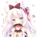  1girl animal_ears azur_lane bangs bare_shoulders black_bow black_hairband blue_eyes blush bow breasts cat_ears cat_hair_ornament chocolate chocolate_doughnut chocolate_on_face choker cleavage collarbone doughnut eating eyebrows_visible_through_hair food food_on_face frilled_hairband frills hair_bow hair_ornament hair_ribbon hairband hammann_(azur_lane) head_tilt holding holding_food long_hair one_side_up puffy_short_sleeves puffy_sleeves red_choker red_ribbon remodel_(azur_lane) ribbon sakurato_ototo_shizuku short_sleeves sidelocks silver_hair small_breasts solo translated v-shaped_eyebrows white_background wrist_cuffs 