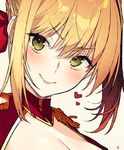  blonde_hair braid dress fate/extra fate_(series) french_braid green_eyes hair_bun kayahara nero_claudius_(fate) nero_claudius_(fate)_(all) portrait red_dress smile 