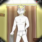  anthro blonde_hair blue_eyes briefs bulge cat clothed clothing feline fitting_room fuze grey_clothing hair holding_clothes inside male mammal nipples solo tighty_whities topless underwear white_underwear 