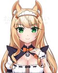  :3 animal_ears bell blonde_hair bow bowtie breasts cat_ears character_name cleavage cleavage_cutout commentary cowfee curly_hair eyebrows_visible_through_hair green_eyes jingle_bell long_hair looking_at_viewer maid maid_headdress maple_(sayori) medium_breasts name_tag nekopara orange_neckwear puffy_short_sleeves puffy_sleeves ribbon-trimmed_clothes ribbon_trim short_sleeves simple_background smile solo watermark white_background wrist_cuffs 
