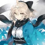  absurdres black_bow black_scarf bow commentary_request eyebrows_visible_through_hair fate/grand_order fate_(series) hair_bow haori highres japanese_clothes kimono koha-ace kou_mashiro obi okita_souji_(fate) okita_souji_(fate)_(all) sash scarf shinsengumi short_hair short_kimono solo upper_body white_kimono 