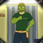  anthro belt blonde_hair blue_pants brown_eyes cellphone clothed clothing english_text fitting_room fully_clothed fuze green_shirt hair male phone scalie solo text 