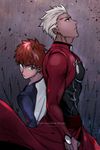 archer back-to-back blue_eyes copyright_name dark_skin dark_skinned_male dual_persona emiya_shirou fate/stay_night fate_(series) hair_slicked_back height_difference looking_up male_focus mineco000 multiple_boys raglan_sleeves red_hair skin_tight white_hair 