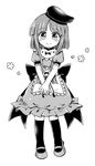  apron bow closed_mouth commentary dress frills full_body greyscale hat kneehighs mary_janes monochrome nishida_satono pote_(ptkan) ribbon shoes short_hair_with_long_locks short_sleeves simple_background smile solo standing tate_eboshi touhou waist_apron 