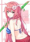  alternate_costume arm_at_side bamboo bangs blush breasts butt_crack dated eyebrows_visible_through_hair flower from_side girls_frontline hair_flower hair_ornament holding large_breasts leaning_forward long_hair looking_at_viewer looking_back ntw-20_(girls_frontline) open_mouth pink_eyes pink_hair sarong shoulder_blades sidelocks signature simple_background solo swimsuit twitter_username underboob unel very_long_hair 