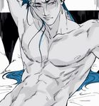  areolae bare_chest blue_hair closed_mouth fang fate_(series) hair_down lancer looking_to_the_side lying male_focus mineco000 muscle navel on_back on_bed pectorals red_eyes solo twitter_username waking_up 