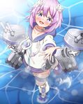  absurdres azur_lane blush choker d-pad d-pad_hair_ornament from_above hair_ornament highres hood hooded_track_jacket hoodie jacket looking_at_viewer looking_up neptune_(choujigen_game_neptune) neptune_(series) purple_eyes purple_hair silver_light solo striped striped_legwear track_jacket water 