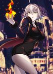  ahoge black_dress breasts coat dress embers fate/grand_order fate_(series) fire fireball full-length_zipper fur-trimmed_coat fur_trim holding holding_sword holding_weapon jeanne_d'arc_(alter)_(fate) jeanne_d'arc_(fate)_(all) large_breasts long_sleeves looking_at_viewer magic murio open_mouth short_dress short_hair silver_hair solo sword weapon wicked_dragon_witch_ver._shinjuku_1999 yellow_eyes zipper 