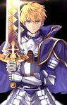  ahoge armor arthur_pendragon_(fate) bangs black_background blonde_hair blue_cape breastplate cape closed_mouth excalibur_(fate/prototype) eyebrows_visible_through_hair fate/grand_order fate/prototype fate_(series) faulds gauntlets glint gold_trim green_eyes hair_between_eyes highres holding holding_sword holding_weapon long_sleeves looking_at_viewer male_focus pauldrons shiny shiny_hair simple_background smile solo standing sword two-handed untsue v-shaped_eyebrows weapon 