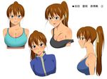  blush breasts brown_hair character_sheet cleavage commentary_request fang grin hair_ribbon high_ponytail highres jacket kagemusha large_breasts long_hair looking_at_viewer measurements multiple_views one-piece_swimsuit original profile ribbon school_uniform smile sports_bra strap_slip sweatdrop swimsuit tan tanline track_jacket translation_request 